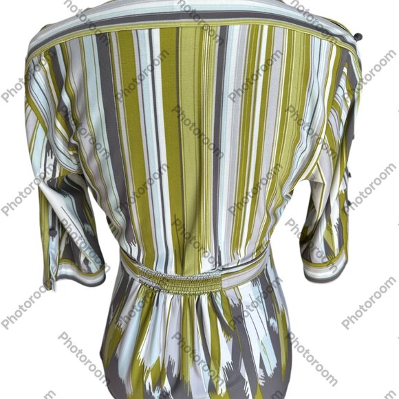 BCBG Maxazria Small Striped Faux Wrap Bodice Green Short Sleeve Top - Picture 4 of 7